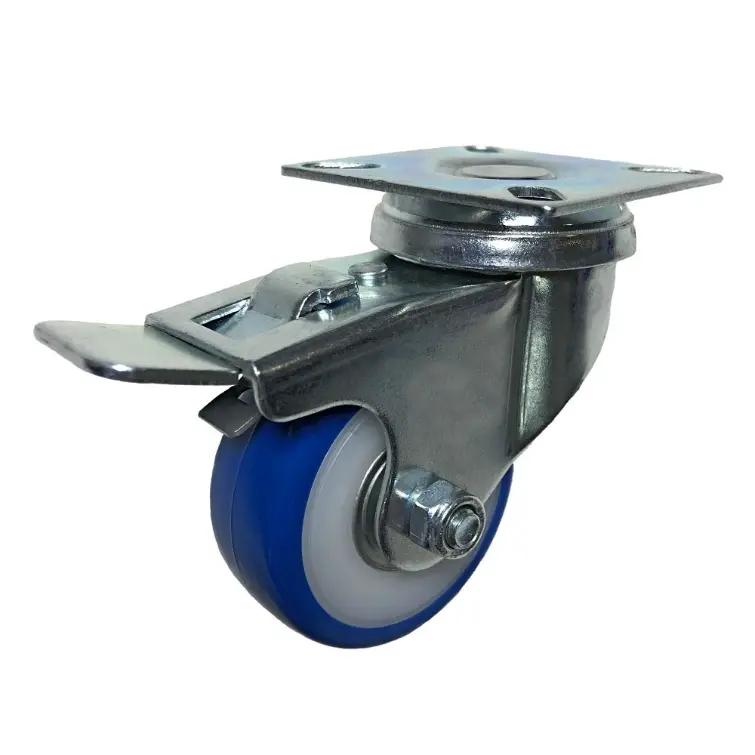 Мебельное синее колесо, диаметр 50мм, крепление площадка, тормоз, поливинилхлорид, полипропиленовый обод, подшипник - SCvb 25
